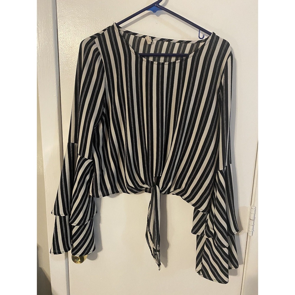 Altar'd State Top Medium Black White Stripe Tiered Bell Sleeves Front Tie